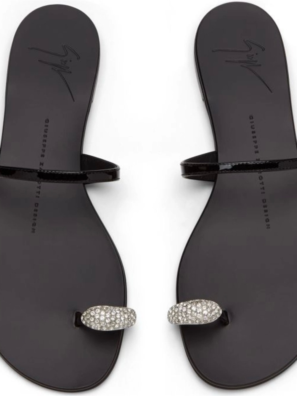 Giuseppe Zanotti Black Patent Leather Crystal Toe-Ring Sandals - Picture 1 of 9